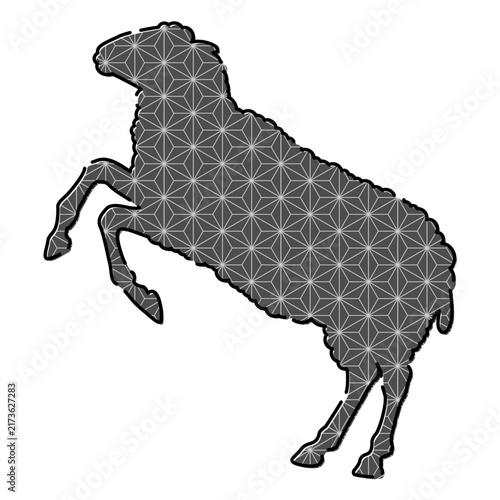 Plakat w ramie 羊のシルエットのイラスト素材 年賀状 ブラック 麻の葉文様