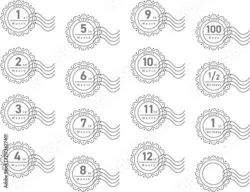 赤ちゃんの月齢フォト用マンスリーカードスタンプセット 1～12か月・100日・1歳誕生日 / Baby Monthly Anniversary Card Stamp Set
