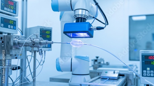 A high-precision medical catheter manufacturing process. A robotic arm is precisely bonding a balloon tip to a thin catheter tube using ultraviolet light in a sterile