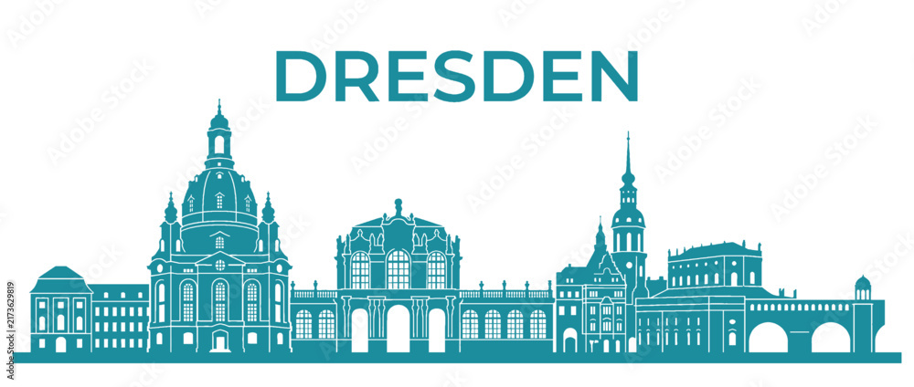 Obraz premium Dresden Germany City Skyline Silhouette Vector Illustration featuring Frauenkirche Zwinger and Semperoper Landmarks isolated on White