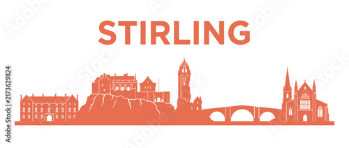 Stirling Scotland City Skyline Silhouette with Stirling Castle Wallace Monument and Old Bridge Vector Illustration Isolated on White Background