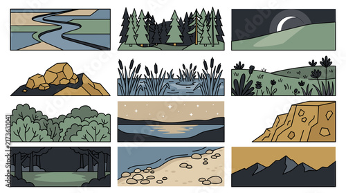 Minimalist nature landscape banner set with diverse outdoor scenes