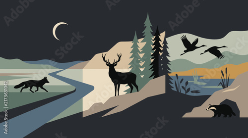 Silhouettes of forest animals in a night landscape vector illustration