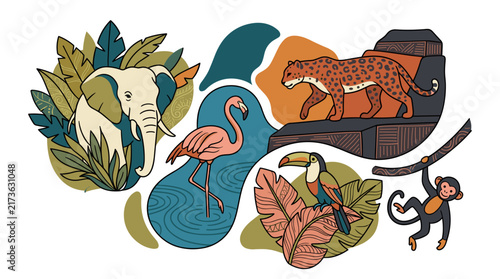 Hand drawn tropical animal vector illustration set