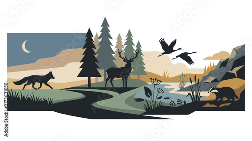 Wildlife landscape illustration with forest animals and pine trees
