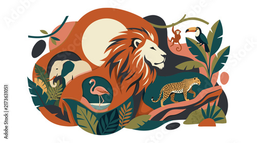 Stylized safari animals illustration with lion and jungle elements
