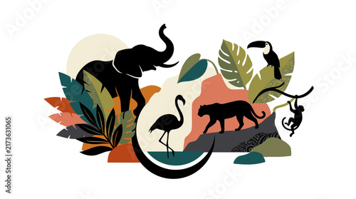 Tropical wild animal silhouettes with abstract jungle leaves vector