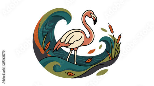 Flamingo standing in stylized water waves with marsh plants