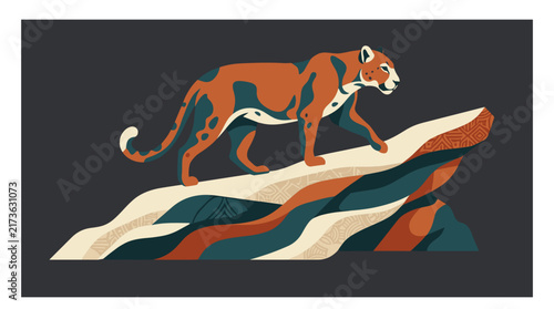 Stylized mountain lion walking on a rocky cliff side
