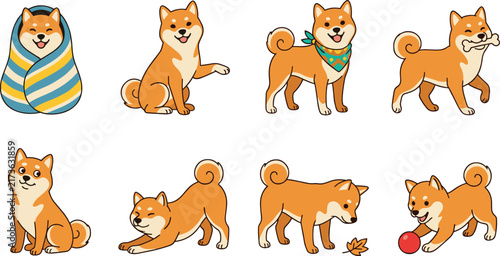 Cute set of Shiba Inu dog vector illustrations showing different poses and playful activities