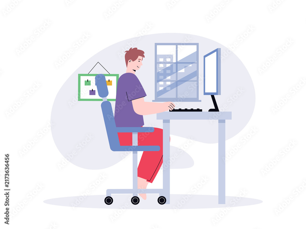 Fototapeta premium A male employee sits at a desk with proper ergonomic posture while working on a computer. Habits illustrations. Flat vector concepts.