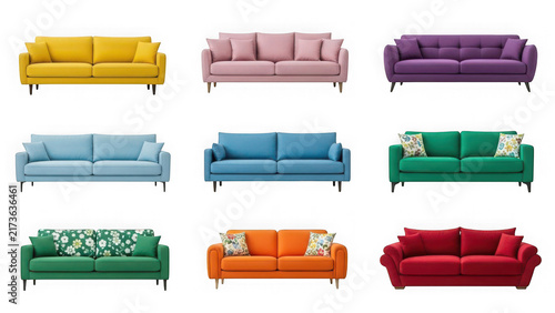 Set of colorful modern sofas in different vibrant colors isolated on transparent background