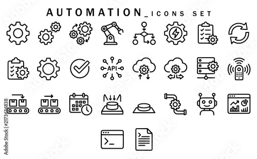 Automation icons set showing gears, robotic arms, flowcharts, API integration, cloud processing, server data, conveyor belts, calendar schedule, chatbot, interface windows, and code line art.