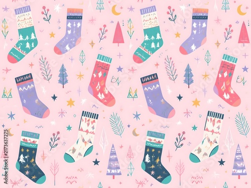 fantasy surreal pastel doodle socks geometric pattern. Repeatable color christmas background