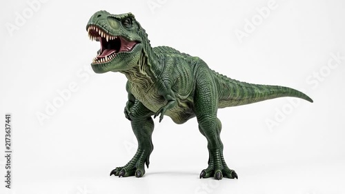 Green tyrannosaurus rex dinosaur model roaring against a bright studio background