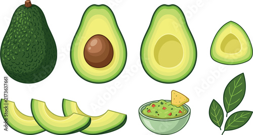 Canvas Print Avocados and Guacamole Illustration with Chips and Leaves Featuring Avocado