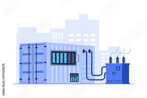 Vector Containerized Urban Battery Energy Storage Utility System Isolated Vector. A modular containerized battery energy storage system connected to an urban power substation transformer unit.