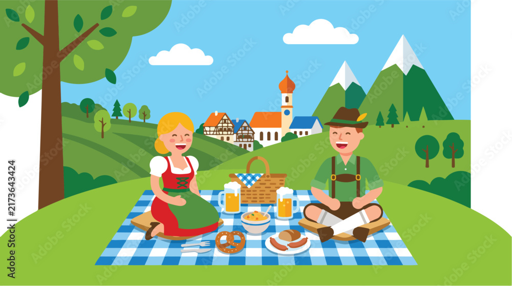 Naklejka premium A joyful couple wearing traditional Bavarian attire enjoys a delightful picnic together on a lush green alpine meadow with scenic mountains and a charming village visible under a bright sky