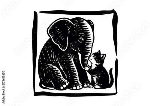 Elephant and Cat Nuzzling Silhouette in Hand-Drawn Frame, Black Ink Woodcut Style Illustration