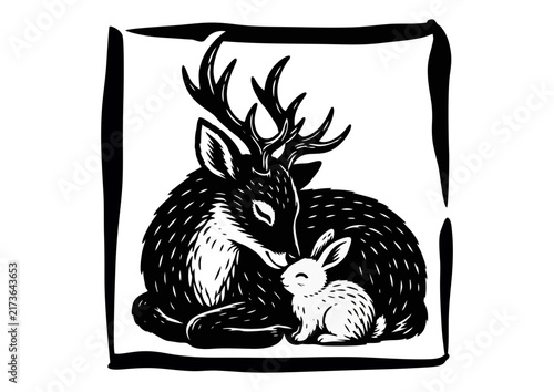 Deer and Rabbit Nuzzling Silhouette in Hand-Drawn Frame, Black Ink Woodcut Style Illustration