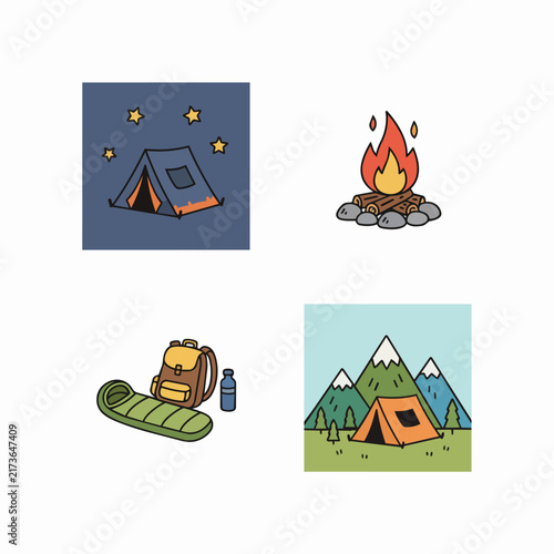 Obraz na plátne Colorful camping icons set for outdoor adventure.