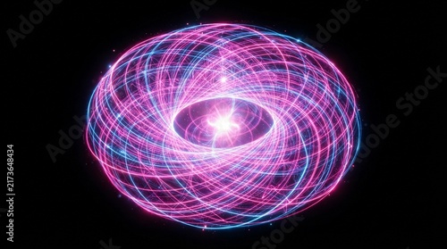 Glowing neon light vortex consisting of vibrant pink and blue swirling fiber optic energy lines orbiting a bright central star against a deep black background