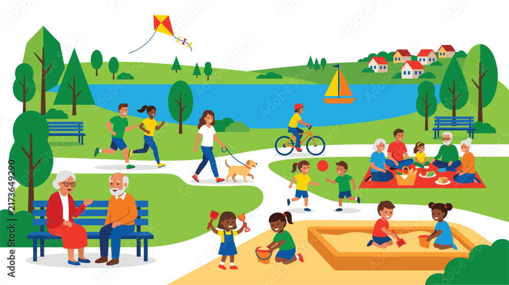 Fototapeta premium Vibrant park scene with diverse people enjoying outdoor recreational activities.
