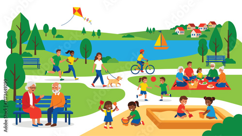 Fotografie Vibrant park scene with diverse people enjoying outdoor recreational activities