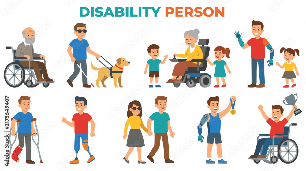 Fototapeta premium Diverse disability people with medical equipment in flat design vector graphic.