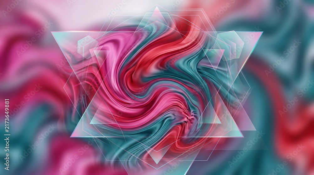 Fototapeta premium Abstract liquid swirl background, pink and teal fluid marble texture, geometric glass triangles with colorful wave patterns isolated PNG with Transparent Background