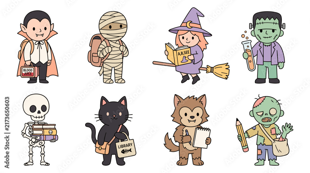Fototapeta premium Monsters collection featuring cute characters ready for school with books and backpacks.