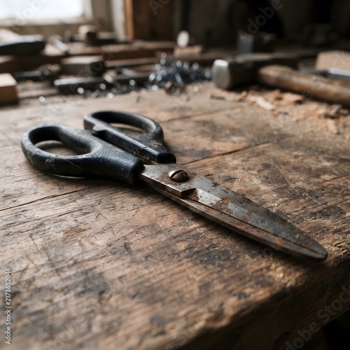 Old rusty metal scissors with black plastic handles placed on a weathered wooden workbench with shallow depth of field in a carpenter workshop.
