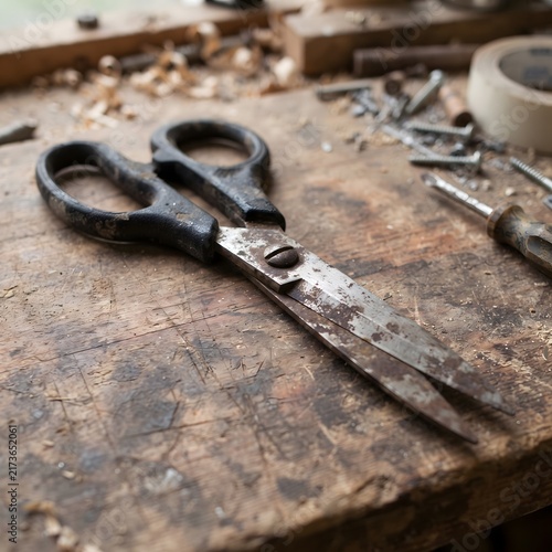 Old Vintage Rusty Scissors on Aged Wooden Workshop Table