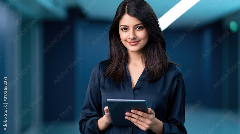 Obraz premium Smiling young woman standing indoors holding tablet in modern office hallway