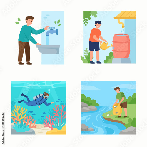 Illustrated scenes of daily water activities and nature.
