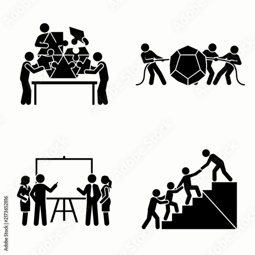 Teamwork and collaboration illustrated with black silhouettes.