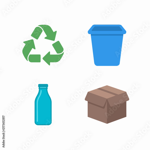 Recycling bin bottle box and green arrow icons set.