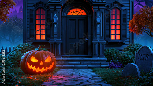 Halloween pumpkin at haunted house door, glowing jack o lantern on path, spooky night scene with graveyard and dark home