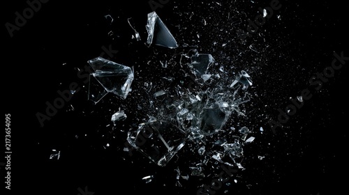 Abstract background of flying glass shards exploding on black.