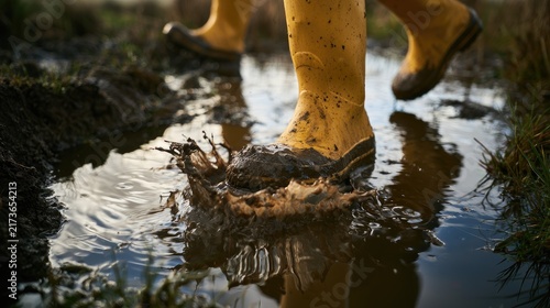 Person wearing yellow rain boots walking through a muddy puddle outdoors.