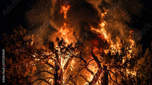 Wildfire Burning Through Pine Forest at Night with Intense Flames