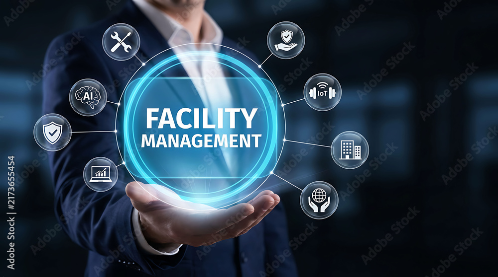 Obraz premium Businessman holding futuristic holographic interface with facility management text