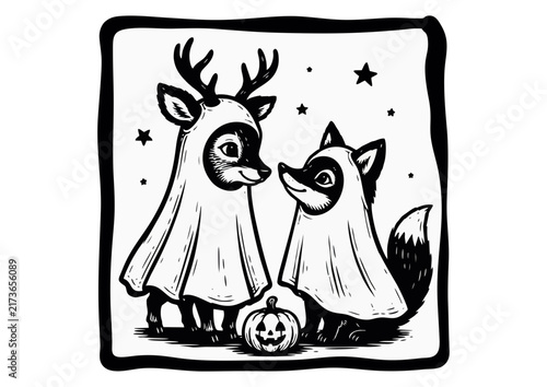 Deer and Fox in Ghost Costumes Halloween Illustration, Hand-Drawn Woodcut Style with Pumpkin