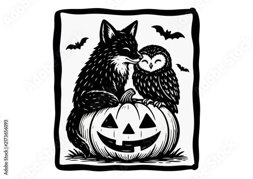 Fox and Owl Sitting on Pumpkin Halloween Illustration, Hand-Drawn Woodcut Style with Bats