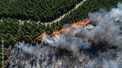Aerial View of Intense Forest Fire and Heavy Smoke