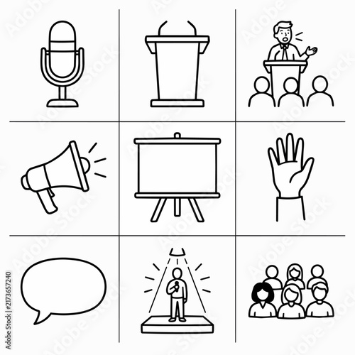 Foto Collection of communication and presentation icons in line art style