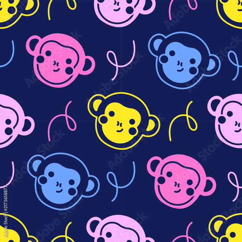 Photography Bright vibrant monkey seamless pattern with playful primate faces and tropical jungle vibe