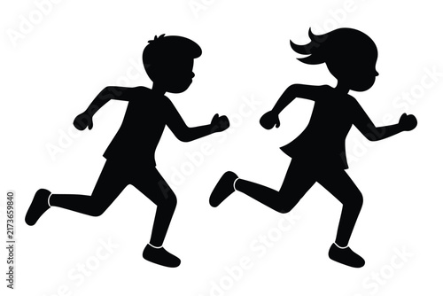 Silhouette illustration of boy and girl running actively on a white isolated background