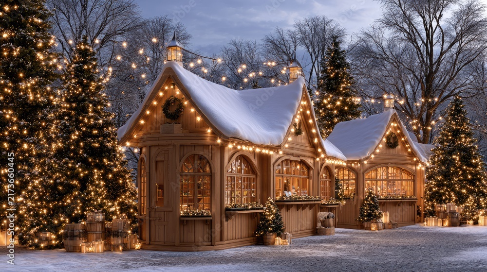 Fototapeta premium Charming Winter Holiday Market with Festive Lights and Snow