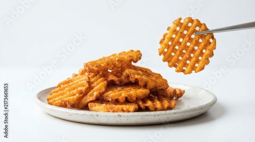 Stack Waffle Cut Sweet Potato Fries Fanned One Fry Lifted Mid Air Pure White Background

